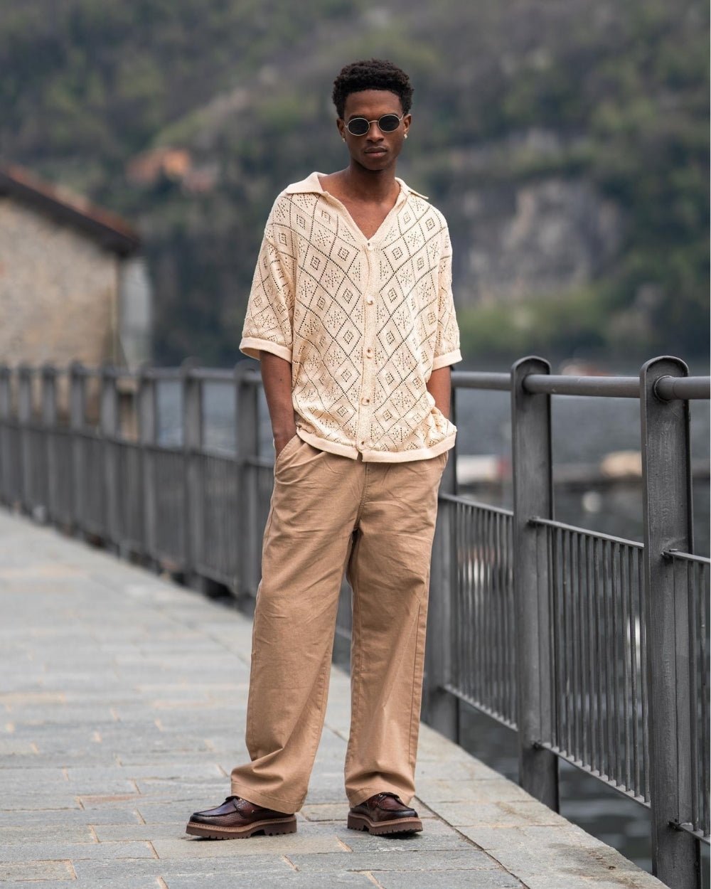 Kortærmet Crochet Skjorte Beige