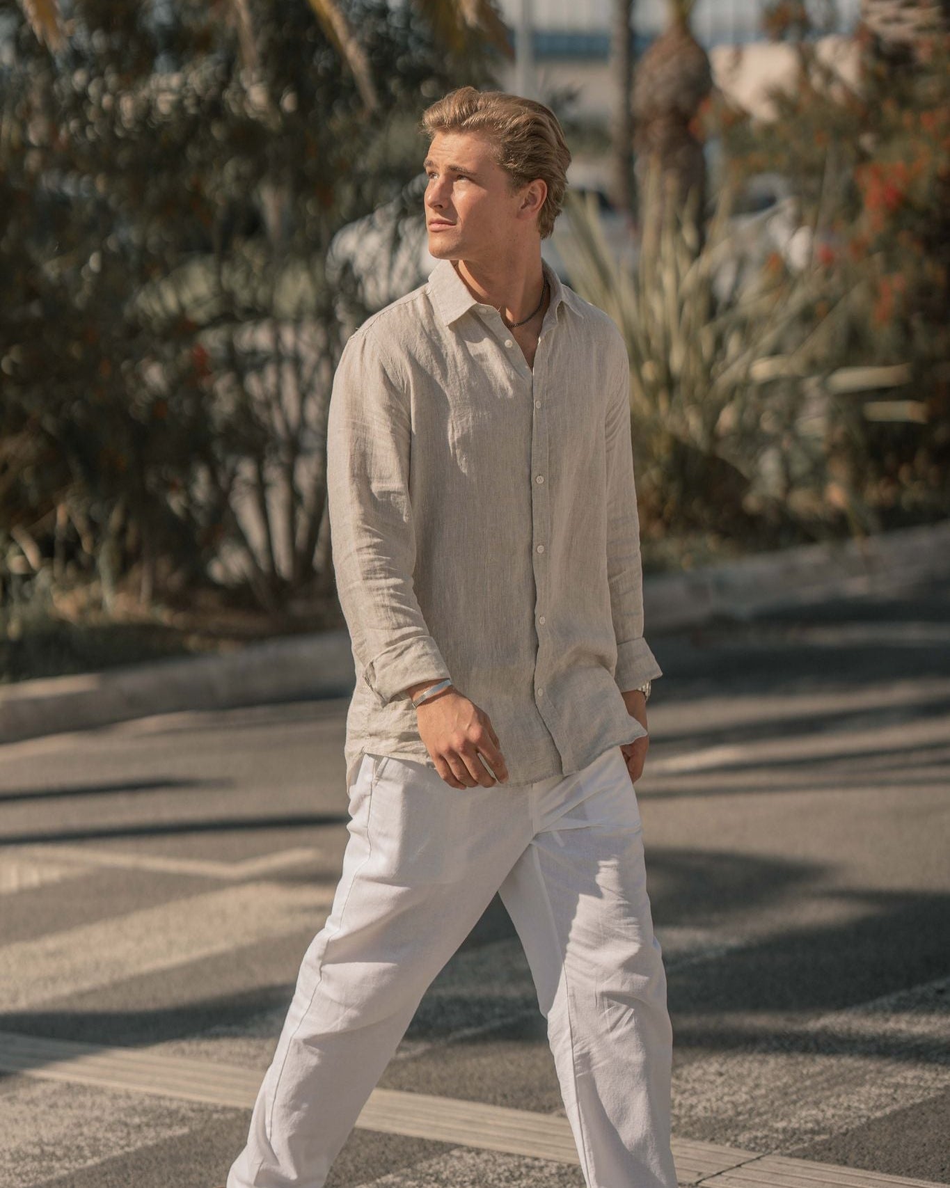 Langærmet Hørskjorte Beige