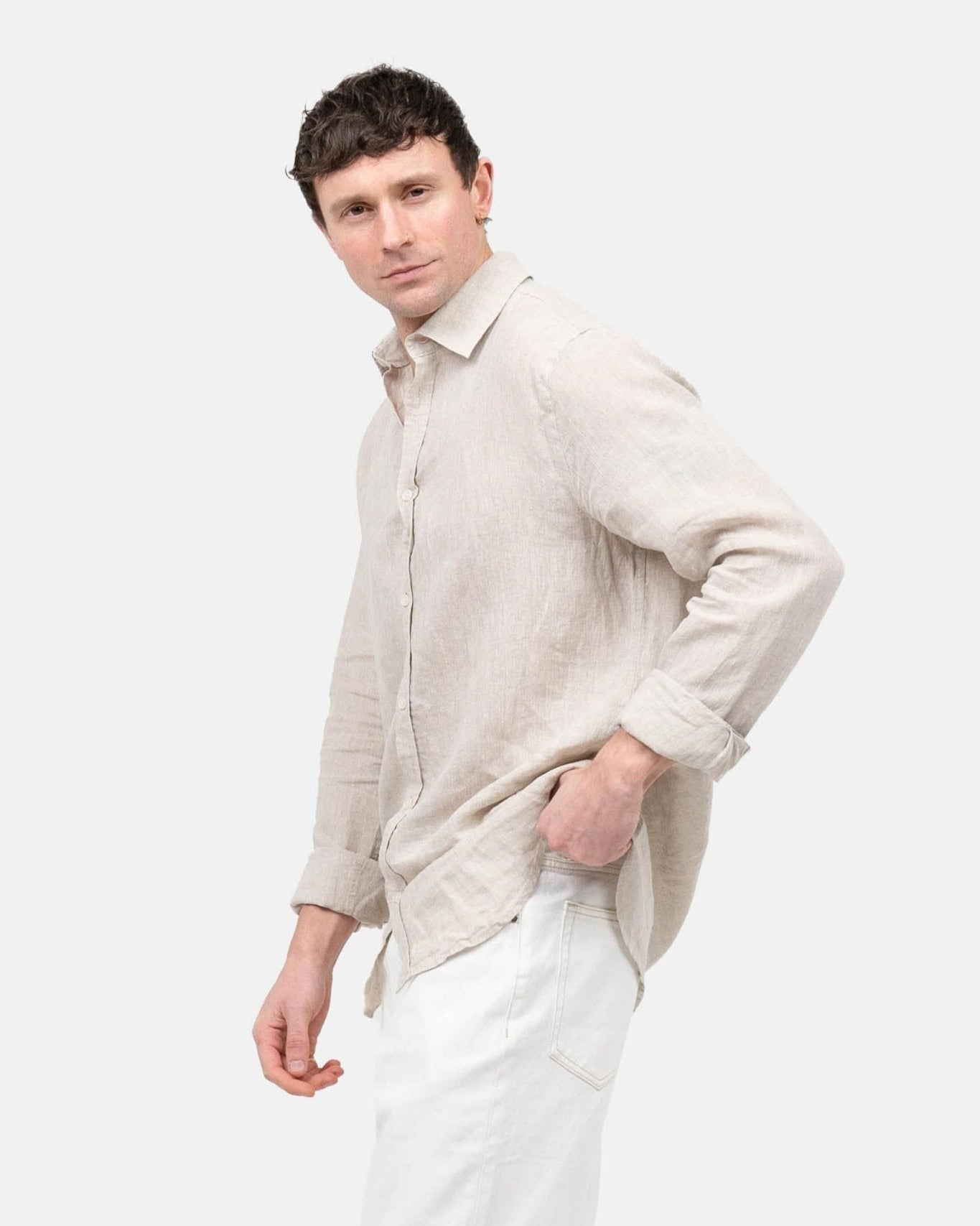 Langærmet Hørskjorte Beige