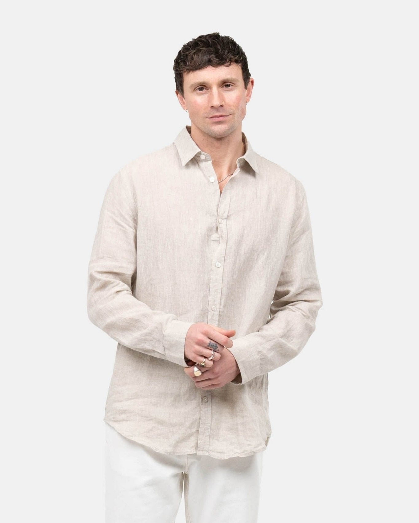 Langærmet Hørskjorte Beige
